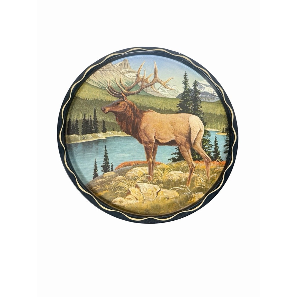 Collectible James L Artig Wildlife Round Metal Tray ELK Vintage Wall Decor